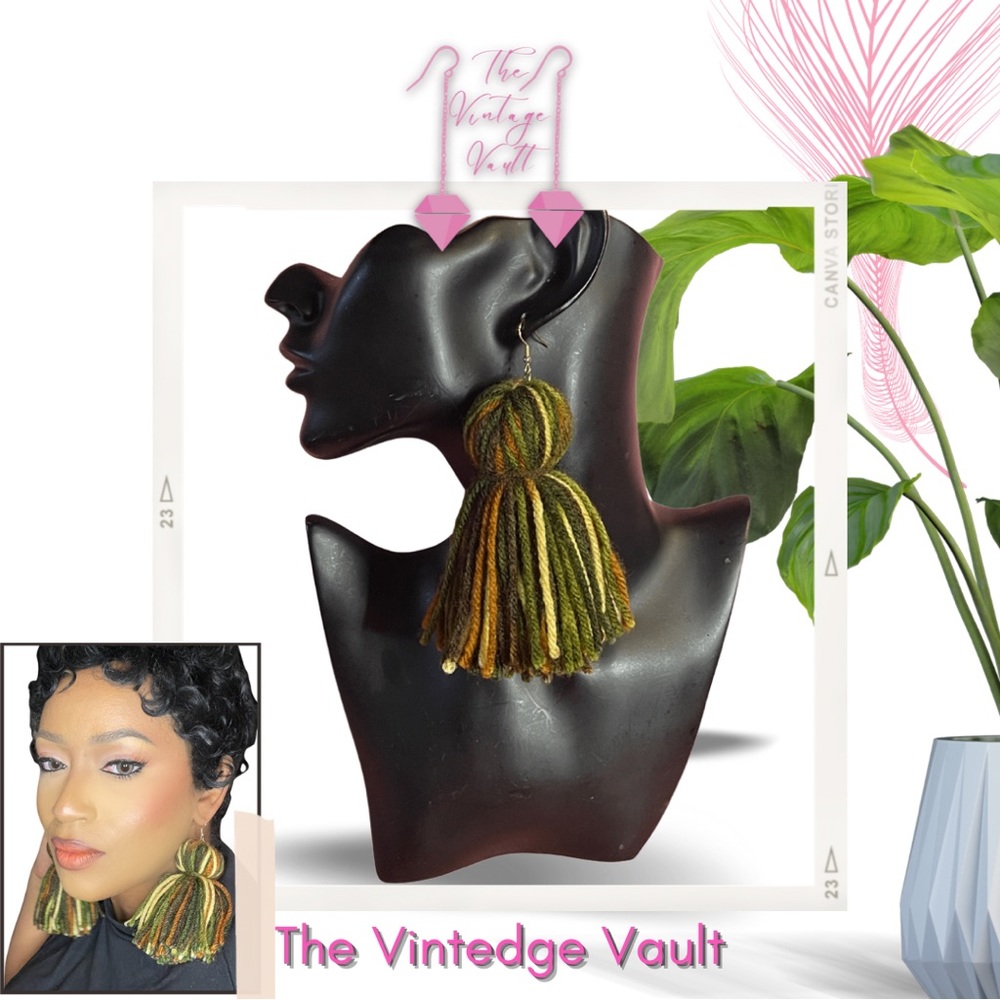 NEW Bohemian Crochet Tassel dangle army green brown striped black-owned earrings